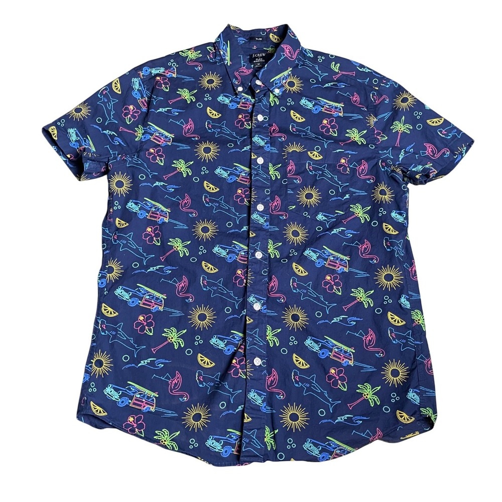 J. Crew Flex Washed Slim Button Down Shirt Neon Shark Print Short Sleeve - M